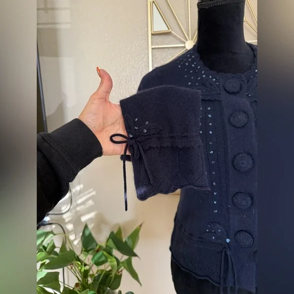 Nanette Lepore 100% Cashmere Navy Cardigan M Sequin Button Vintage Style - Picture 3 of 5